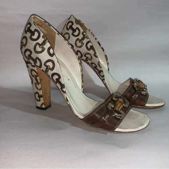 GUCCI size 39B cream linen block heel d'Orsay pumps with bamboo accent at vamp - Picture 8 of 14